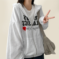 ハートレタリングフードジップアップ MELANGE WHITE