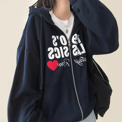 ハートレタリングフードジップアップ NAVY