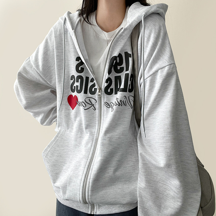 ハートレタリングフードジップアップ MELANGE WHITE