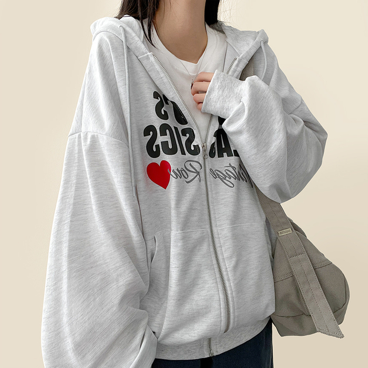 ハートレタリングフードジップアップ MELANGE WHITE
