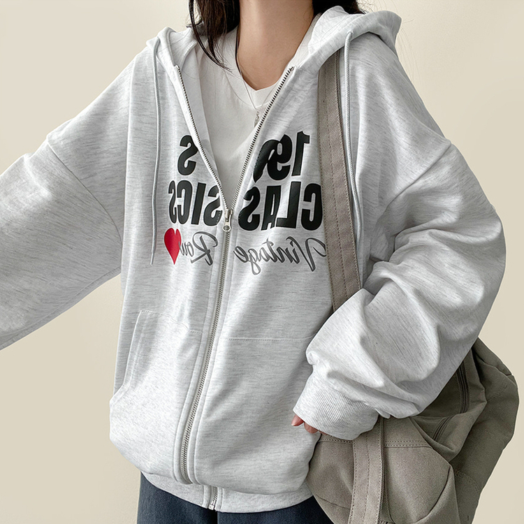 ハートレタリングフードジップアップ MELANGE WHITE