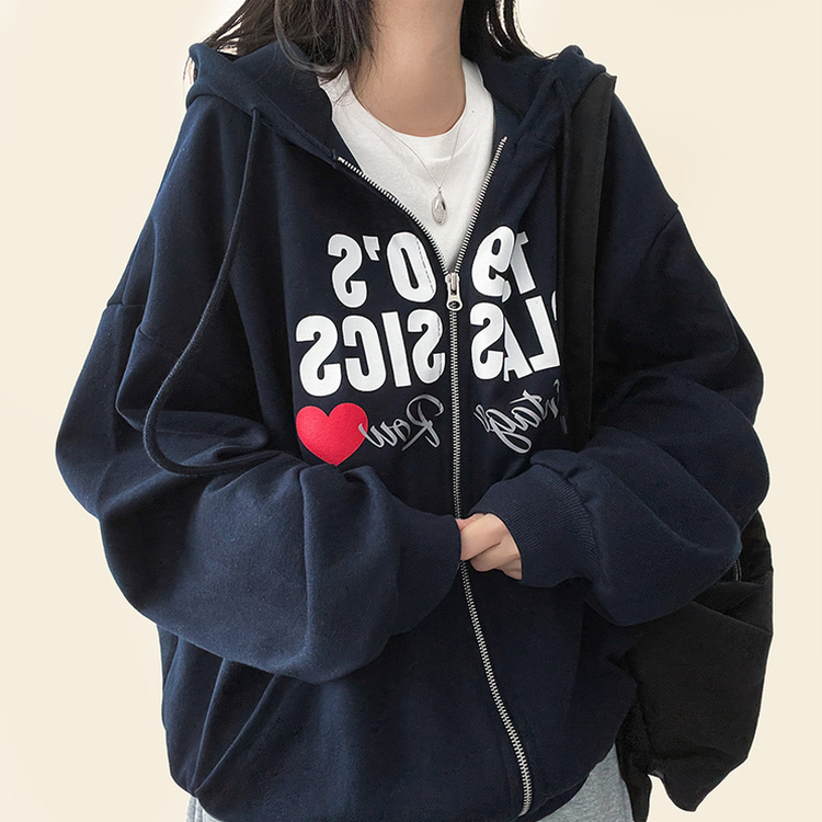 ハートレタリングフードジップアップ NAVY