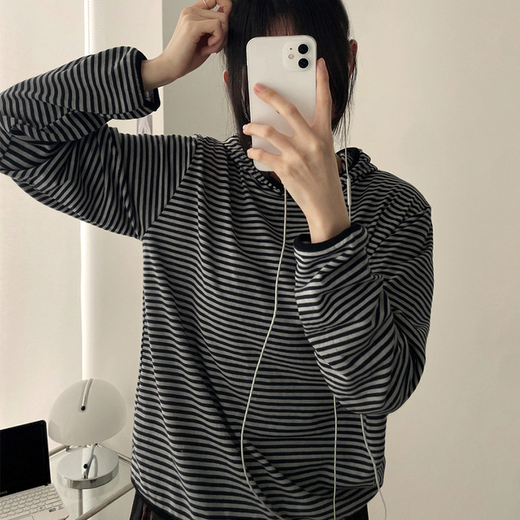 カジュアルボーダーフードT CHARCOAL