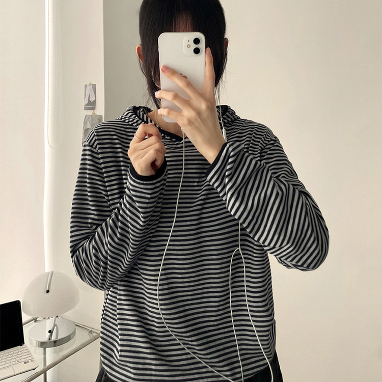 カジュアルボーダーフードT CHARCOAL