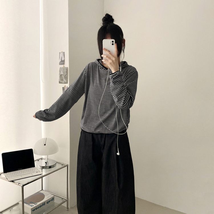 カジュアルボーダーフードT CHARCOAL