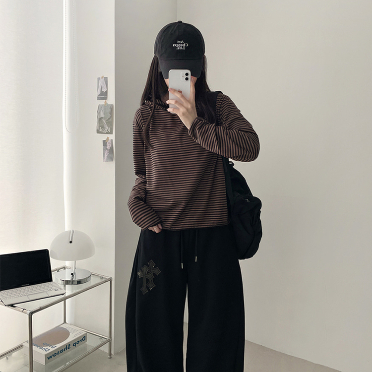 カジュアルボーダーフードT DEEP BEIGE