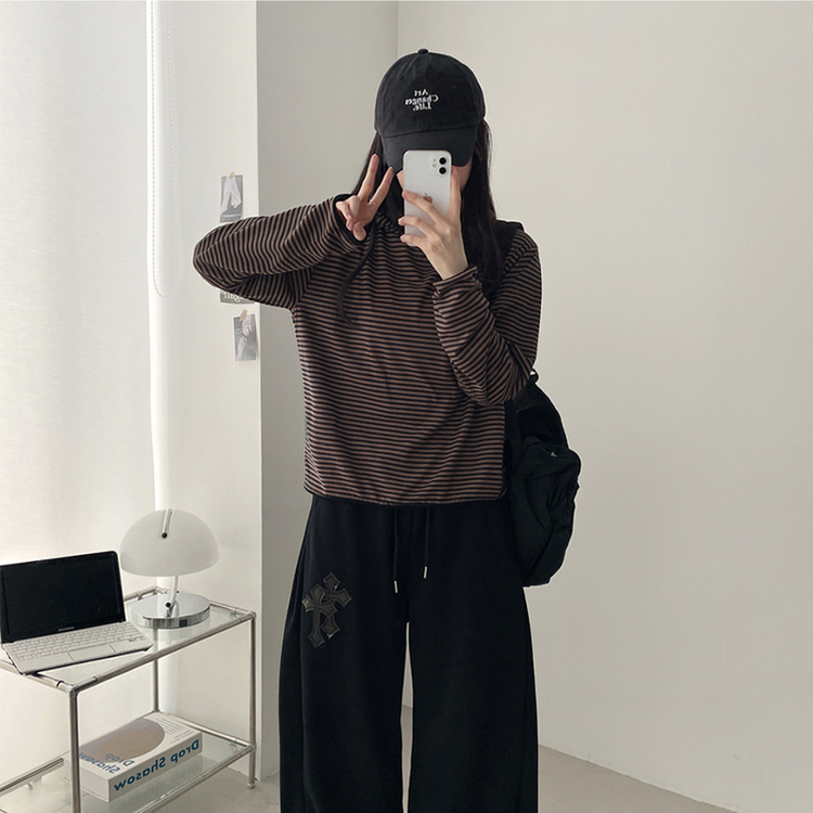 カジュアルボーダーフードT DEEP BEIGE