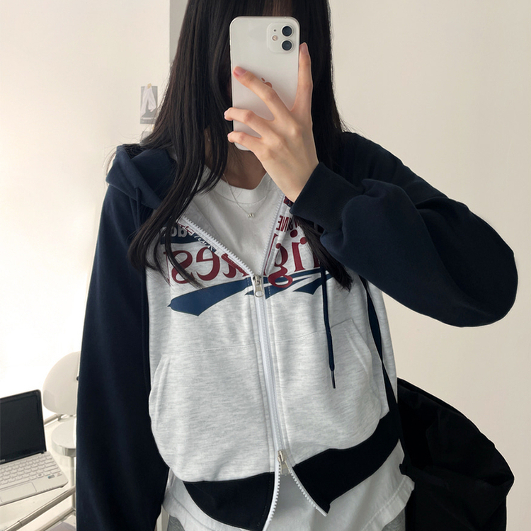 ラグランクロップドフードジップアップ NAVY