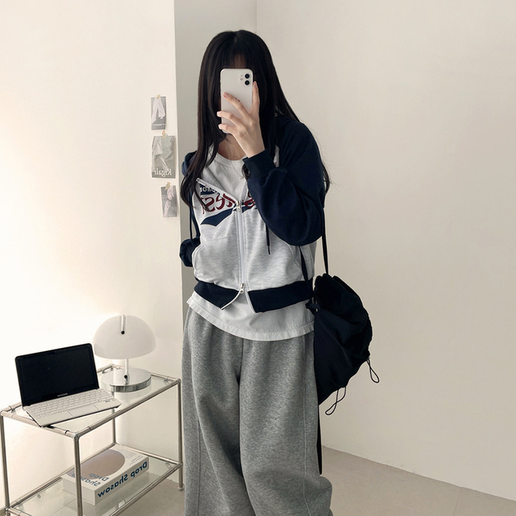 ラグランクロップドフードジップアップ NAVY