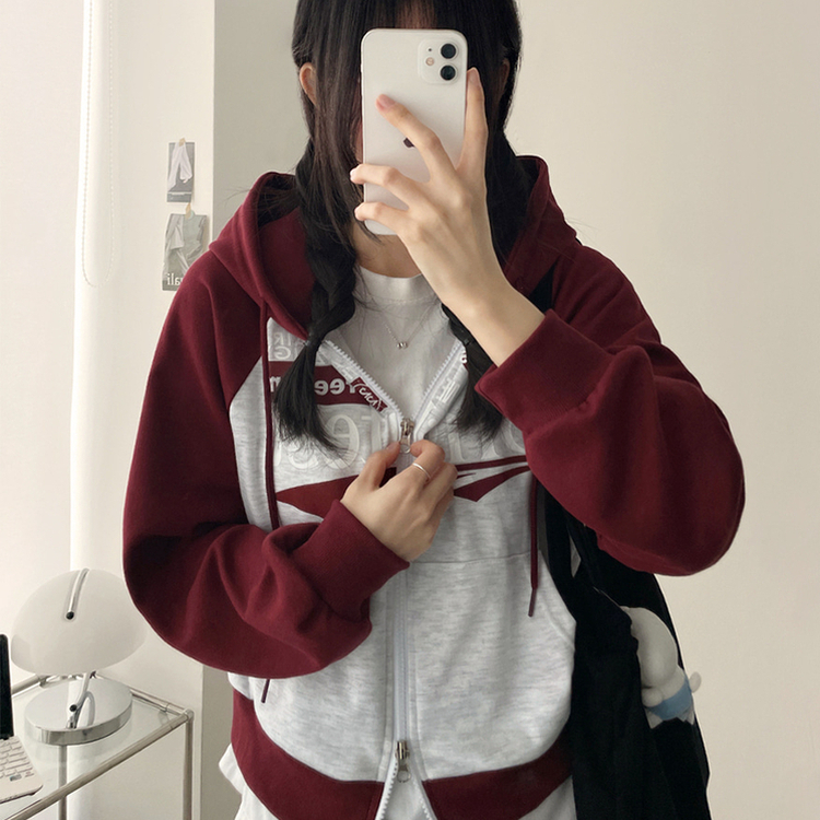 ラグランクロップドフードジップアップ WINE