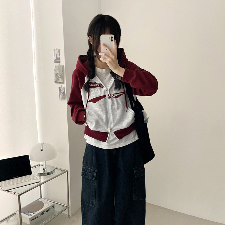 ラグランクロップドフードジップアップ WINE