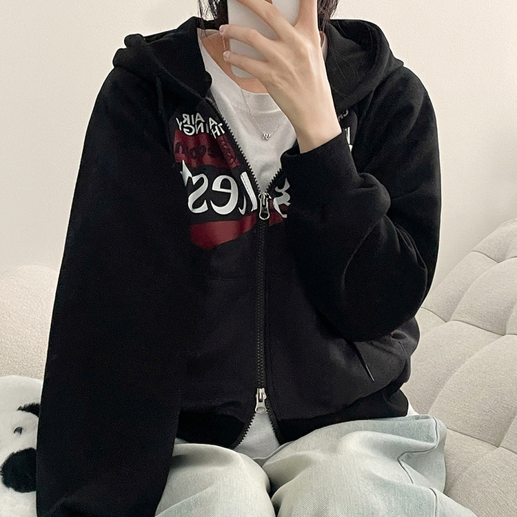 ラグランクロップドフードジップアップ CHARCOAL