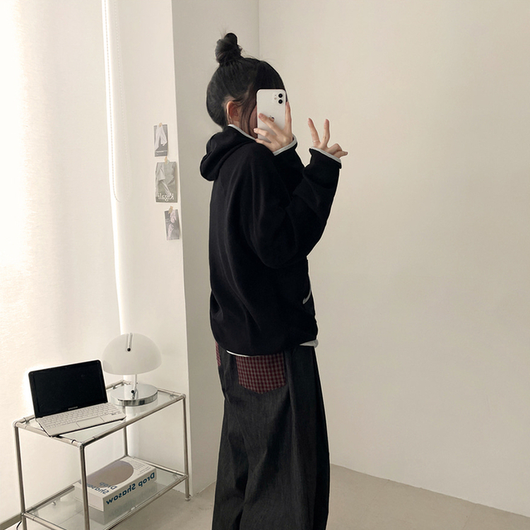 バイカラーラインハイネックフーディー BLACK