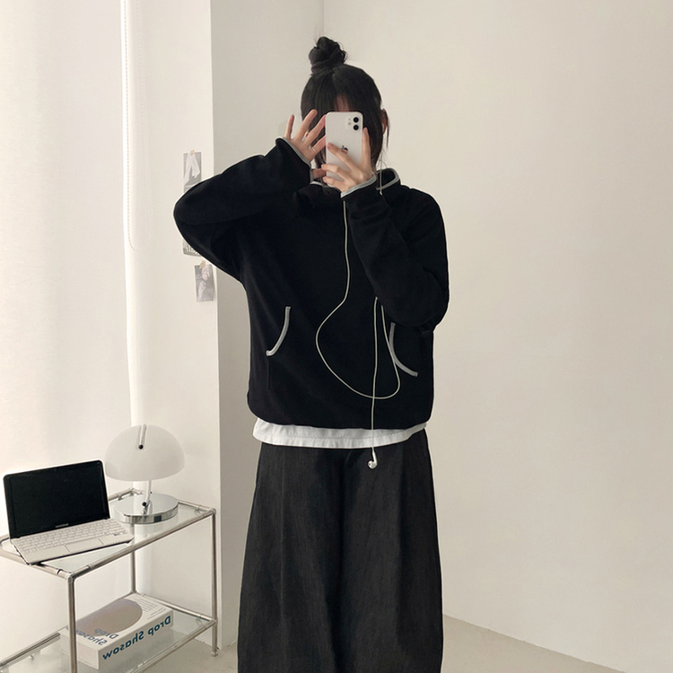 バイカラーラインハイネックフーディー BLACK