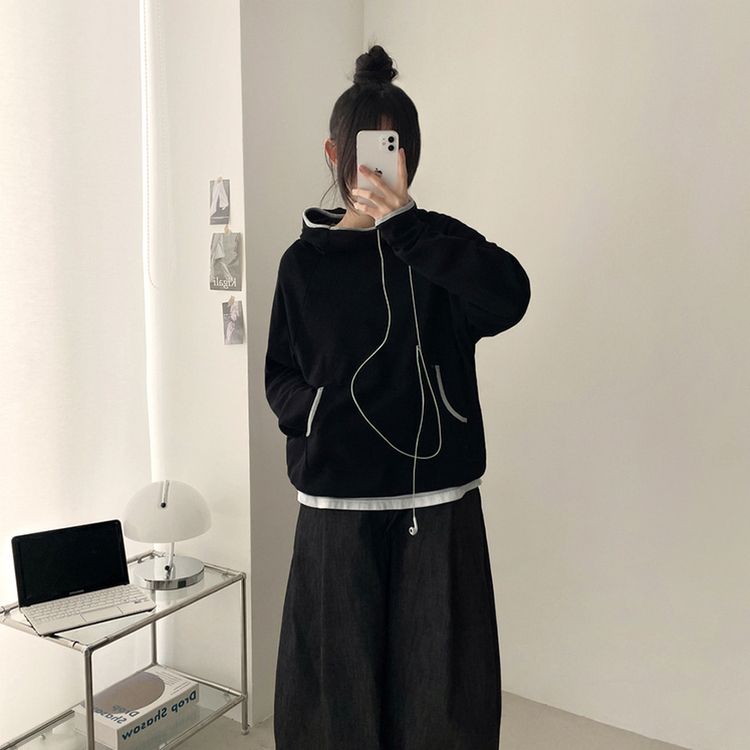 バイカラーラインハイネックフーディー BLACK