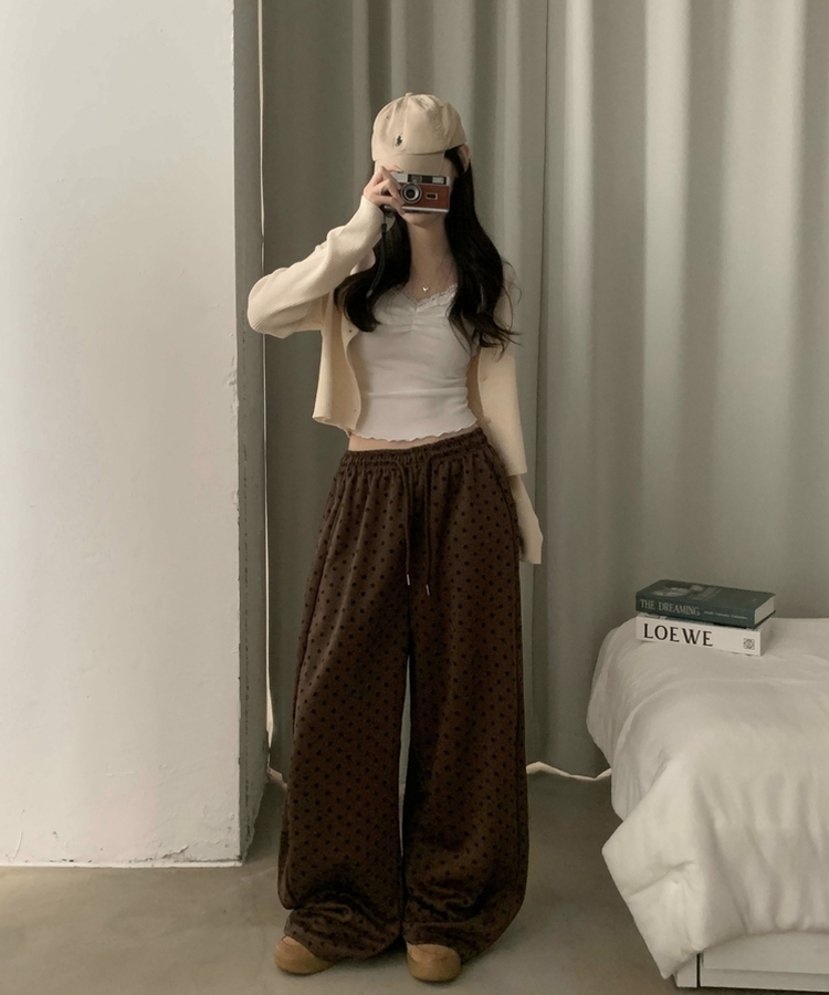 레오 도트 와이드핀턱 추리닝 트레이닝 롱팬츠 4color 브라운
