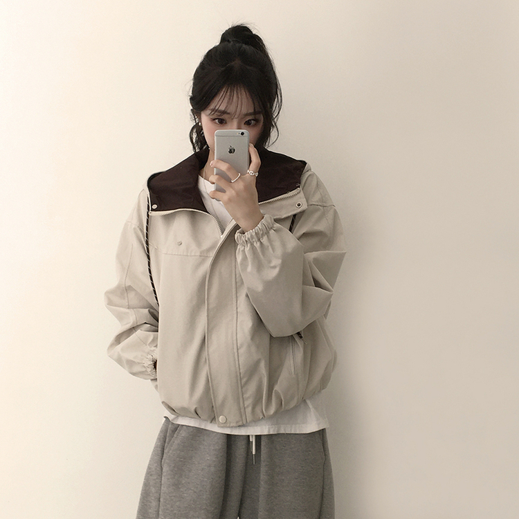 츄파츕스 봄 루즈핏 긴팔 바람막이 데일리 배색 스트링 포켓 후드 점퍼 교복 아우터 야상 3color 베이지