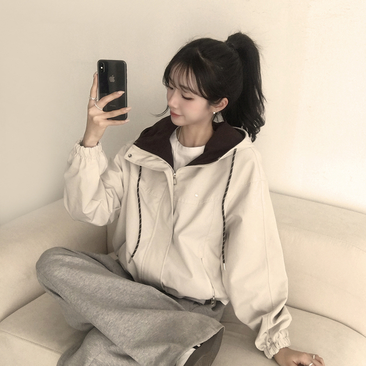 츄파츕스 봄 루즈핏 긴팔 바람막이 데일리 배색 스트링 포켓 후드 점퍼 교복 아우터 야상 3color 베이지