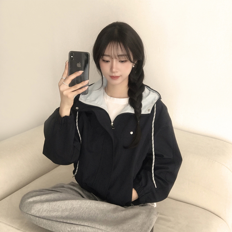 츄파츕스 봄 루즈핏 긴팔 바람막이 데일리 배색 스트링 포켓 후드 점퍼 교복 아우터 야상 3color 네이비