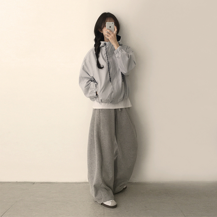 츄파츕스 봄 루즈핏 긴팔 바람막이 데일리 배색 스트링 포켓 후드 점퍼 교복 아우터 야상 3color 그레이