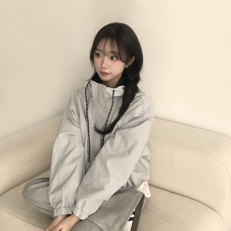 츄파츕스 봄 루즈핏 긴팔 바람막이 데일리 배색 스트링 포켓 후드 점퍼 교복 아우터 야상 3color 그레이