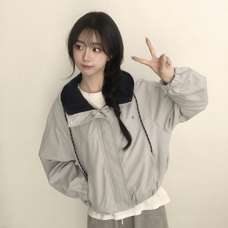 츄파츕스 봄 루즈핏 긴팔 바람막이 데일리 배색 스트링 포켓 후드 점퍼 교복 아우터 야상 3color 그레이