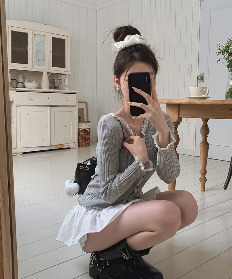 レースVネックカーディガン GREY