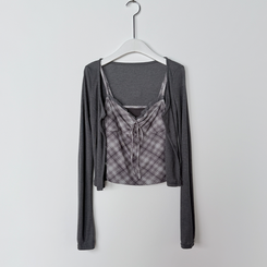 【SET】チェックレースキャミソール カーディガン