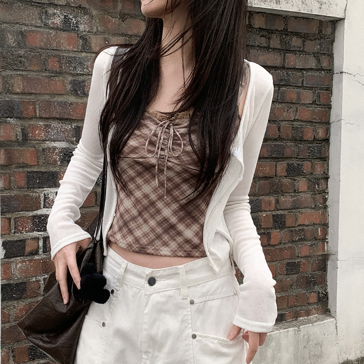 【SET】チェックレースキャミソール カーディガン IVORY