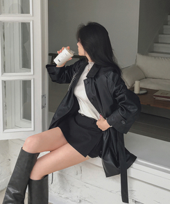 【ベルト付き】ハーフレザージャケット BLACK