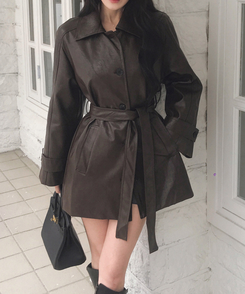 【ベルト付き】ハーフレザージャケット BROWN