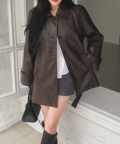 【ベルト付き】ハーフレザージャケット BROWN