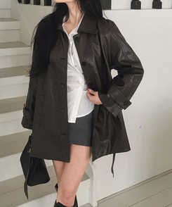 【ベルト付き】ハーフレザージャケット BROWN