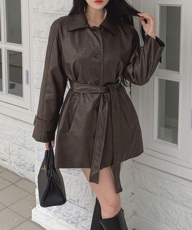 【ベルト付き】ハーフレザージャケット BROWN