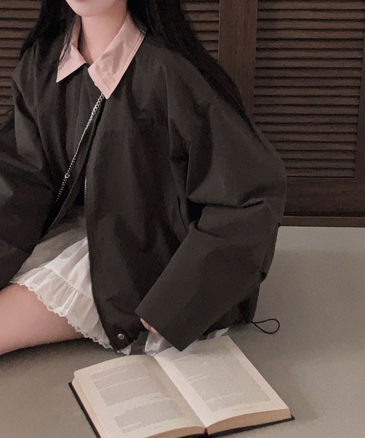 특별한 배색포인트아이즈 배색 카라 루즈핏 스트링 자켓 점퍼 차콜브라운