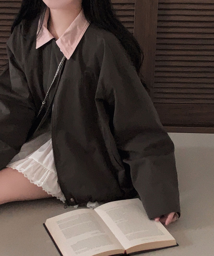 특별한 배색포인트아이즈 배색 카라 루즈핏 스트링 자켓 점퍼 차콜브라운