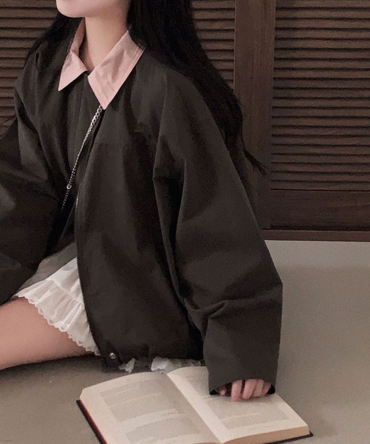 특별한 배색포인트아이즈 배색 카라 루즈핏 스트링 자켓 점퍼 차콜브라운