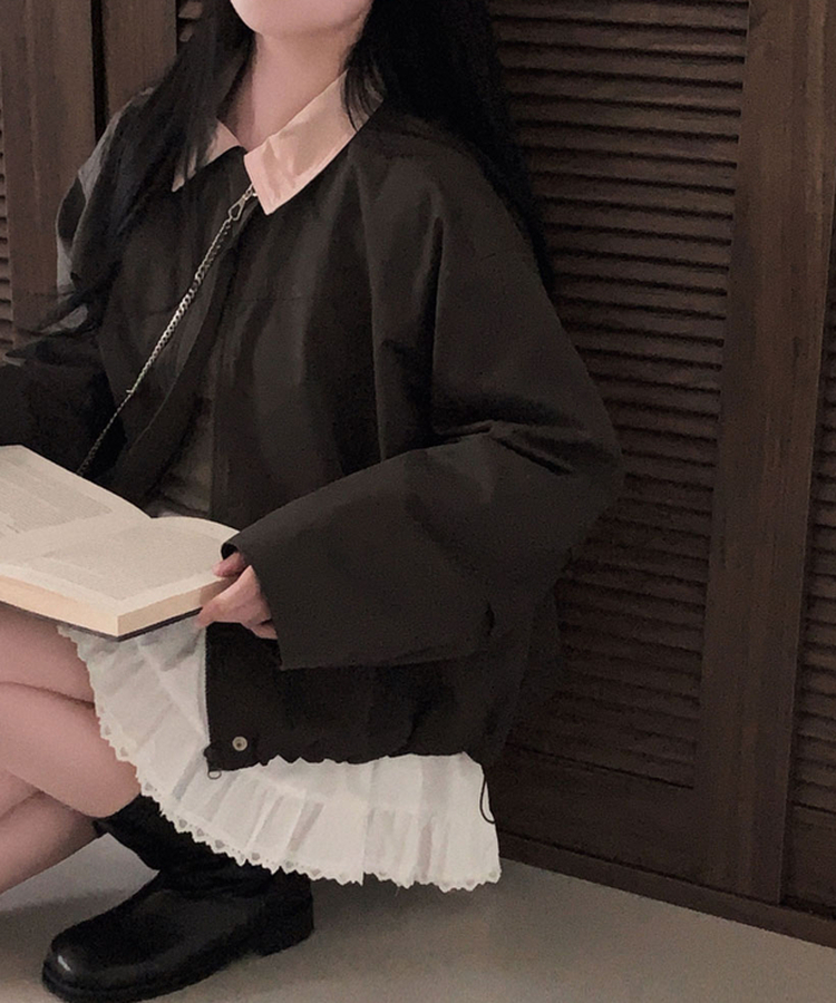 특별한 배색포인트아이즈 배색 카라 루즈핏 스트링 자켓 점퍼 차콜브라운