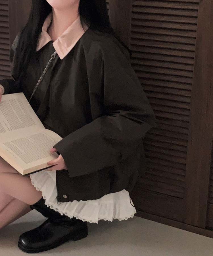 특별한 배색포인트아이즈 배색 카라 루즈핏 스트링 자켓 점퍼 차콜브라운