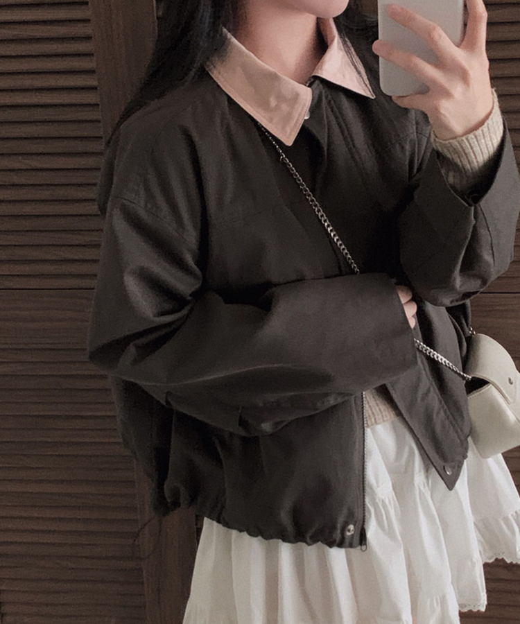 특별한 배색포인트아이즈 배색 카라 루즈핏 스트링 자켓 점퍼 차콜브라운