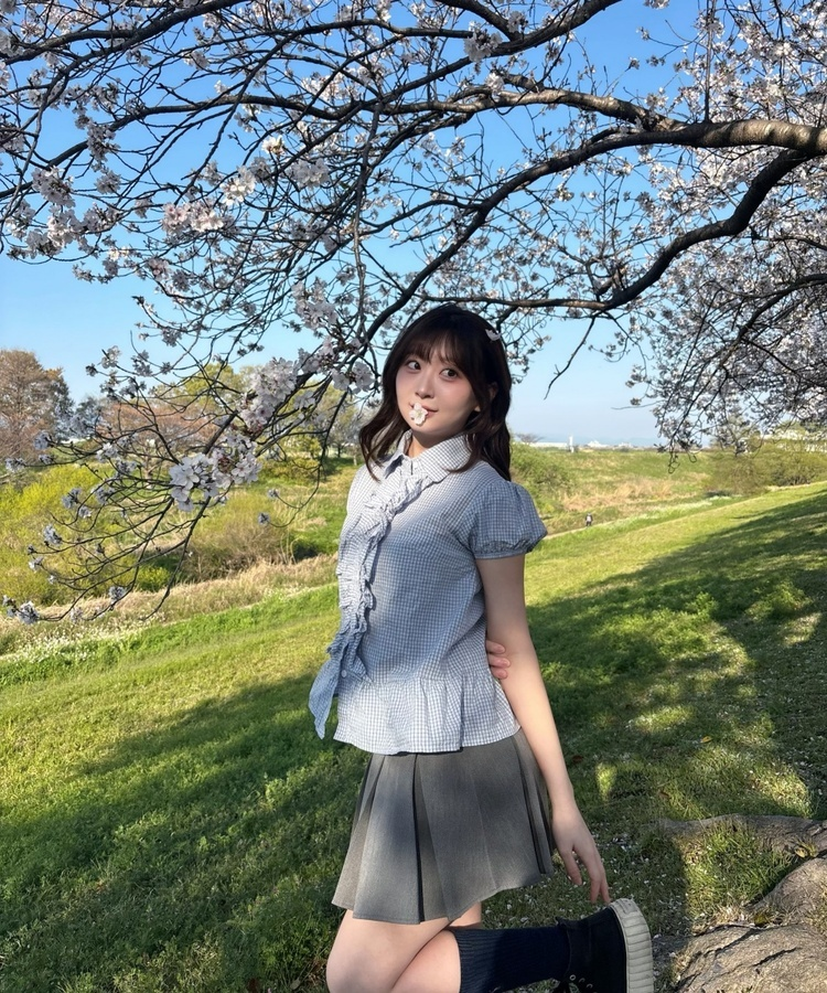 チェックフリルパフブラウス SKY BLUE