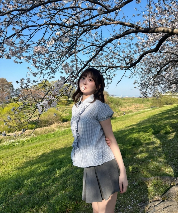 チェックフリルパフブラウス SKY BLUE