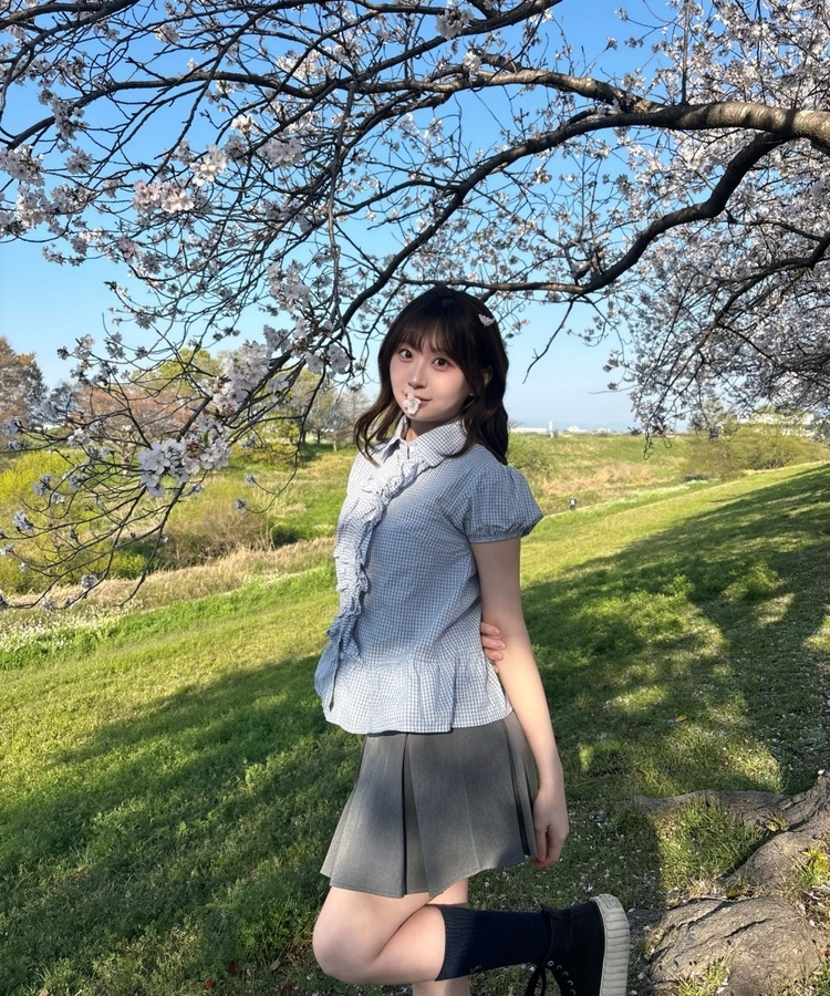 チェックフリルパフブラウス SKY BLUE