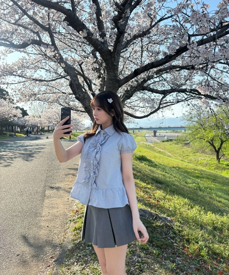 チェックフリルパフブラウス SKY BLUE