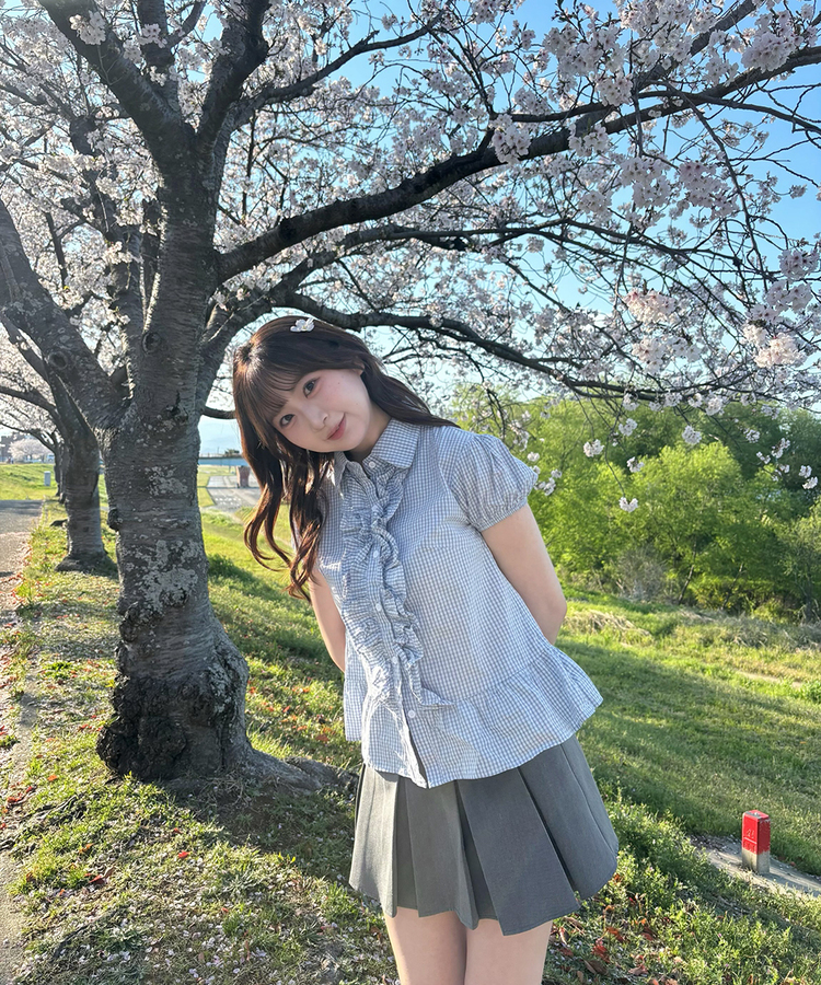 チェックフリルパフブラウス SKY BLUE