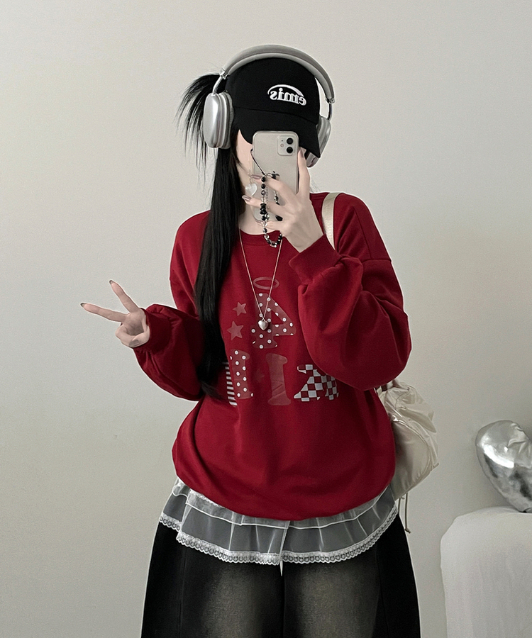 칼리도트레터링프린팅박스핏긴팔맨투맨 레드