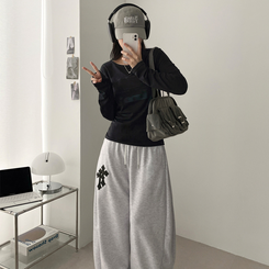 レタリングスリムラウンド長袖Tシャツ BLACK