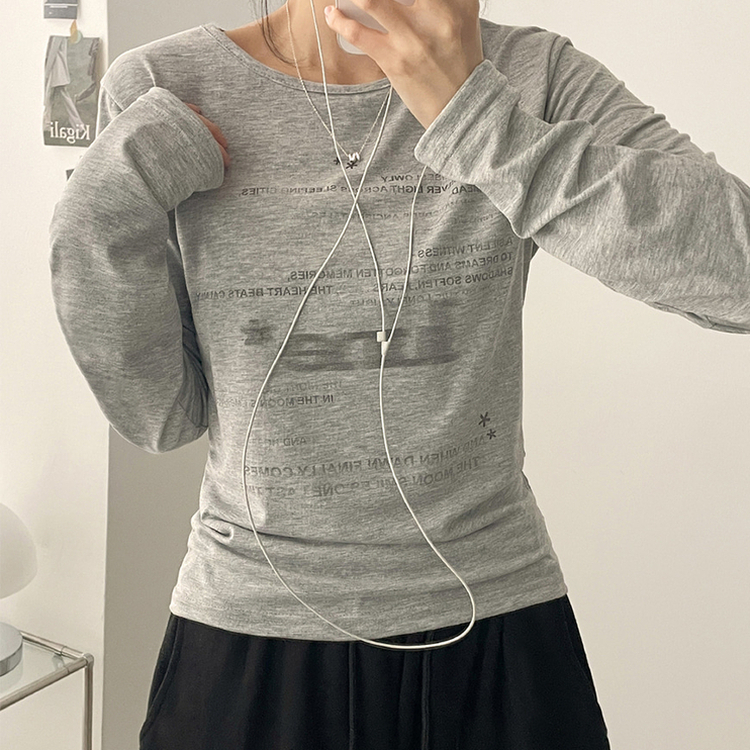 レタリングスリムラウンド長袖Tシャツ GREY