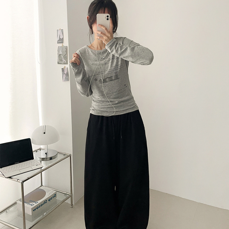 レタリングスリムラウンド長袖Tシャツ GREY