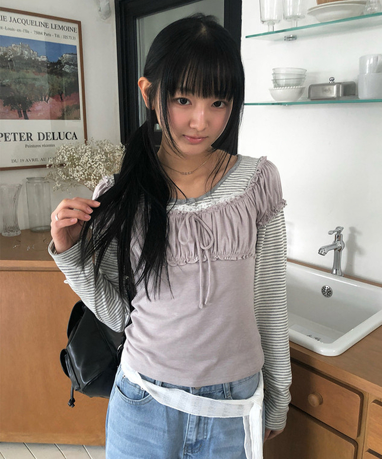 シャーリングレースリボン半袖Tシャツ PURPLE